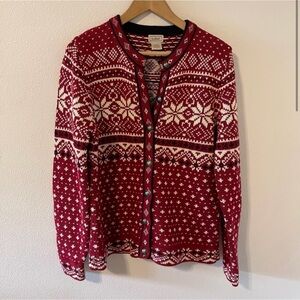 LL Bean Nordic Fair Isle Chunky Knit Metal Button Heavyweight Cardigan Red-M Reg